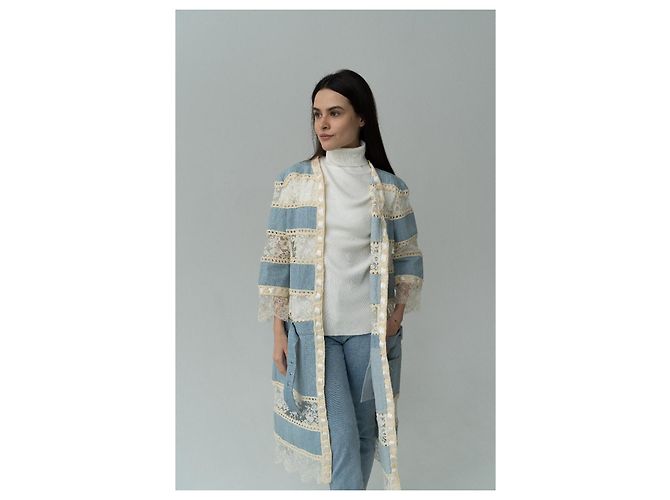 Christian Dior Boutique Giacca lunga patchwork denim e pizzo Bianco Blu - vista 8
