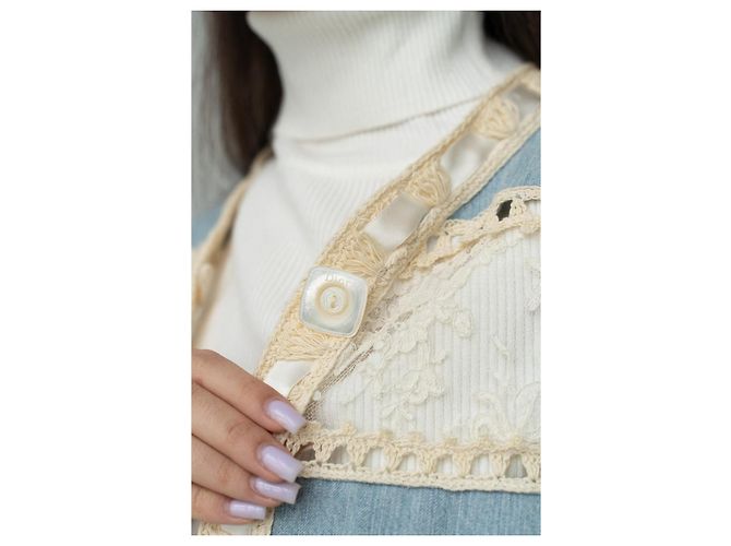 Christian Dior Boutique Giacca lunga patchwork denim e pizzo Bianco Blu - vista 9