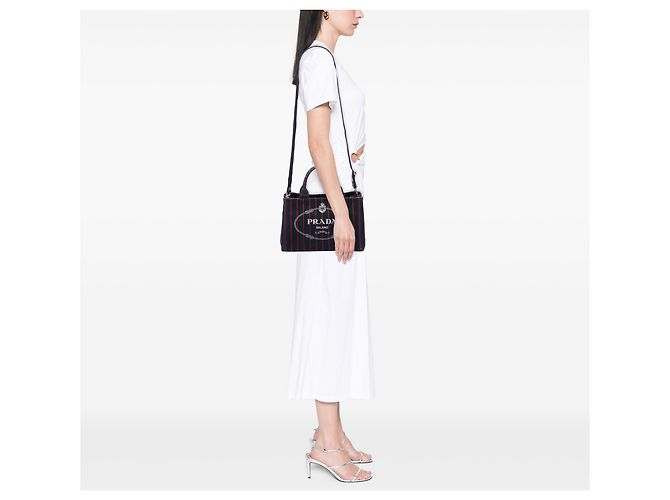 Prada Black Small Canvas Canapa Logo Stripes Satchel Schwarz - Ansicht 6