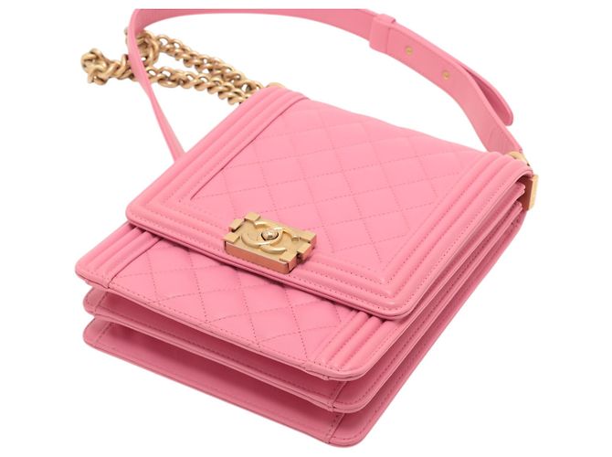 Chanel Boy Flap North South in agnello trapuntato rosa - vista 4
