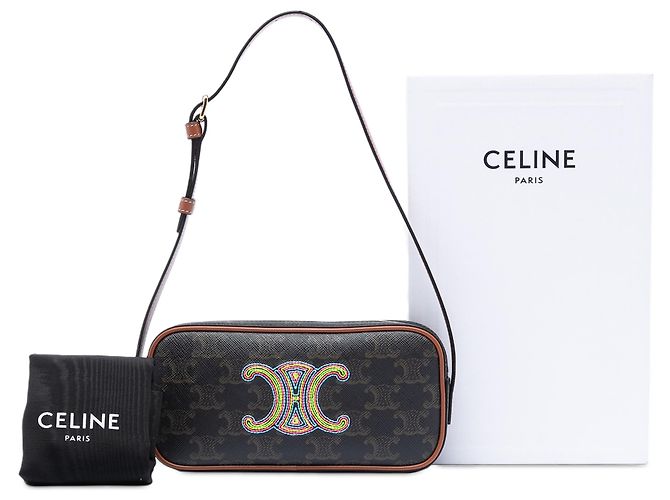 Céline Borsa Camera Mini Triomphe in pelle e tela rivestita marrone Celine Marrone scuro - vista 7