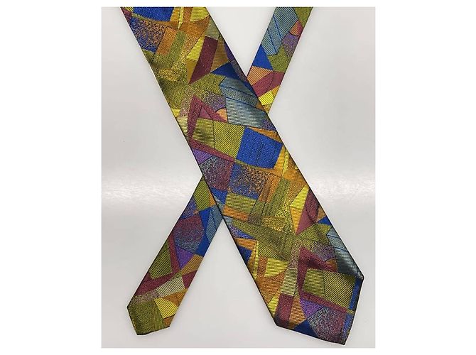 Gianni Versace Geometric Pattern Silk Tie Brown Red Blue Green Purple Yellow - view 2