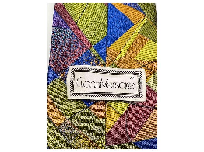 Gianni Versace Geometric Pattern Silk Tie Brown Red Blue Green Purple Yellow - view 3