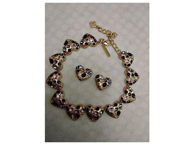 Oscar de la Renta Set Collana Choker e Orecchini a Cuore Rosa Blu D'oro Bordò Gold hardware - vista 14