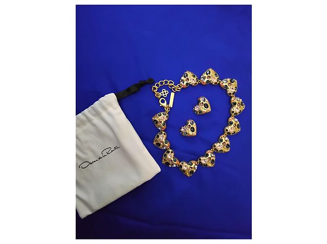Oscar de la Renta Set Collana Choker e Orecchini a Cuore Rosa Blu D'oro Bordò Gold hardware - vista 2