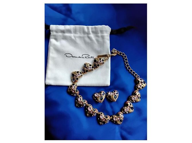 Oscar de la Renta Set Collana Choker e Orecchini a Cuore Rosa Blu D'oro Bordò Gold hardware - vista 7