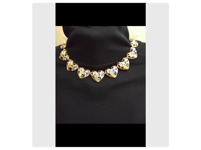Oscar de la Renta Set Collana Choker e Orecchini a Cuore Rosa Blu D'oro Bordò Gold hardware - vista 8