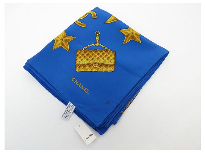 FULAR CHANEL MOTIVO LOGO CC STELLA LUNA QUADRATO 90 SETA BLU SILK SCARF - vista 13