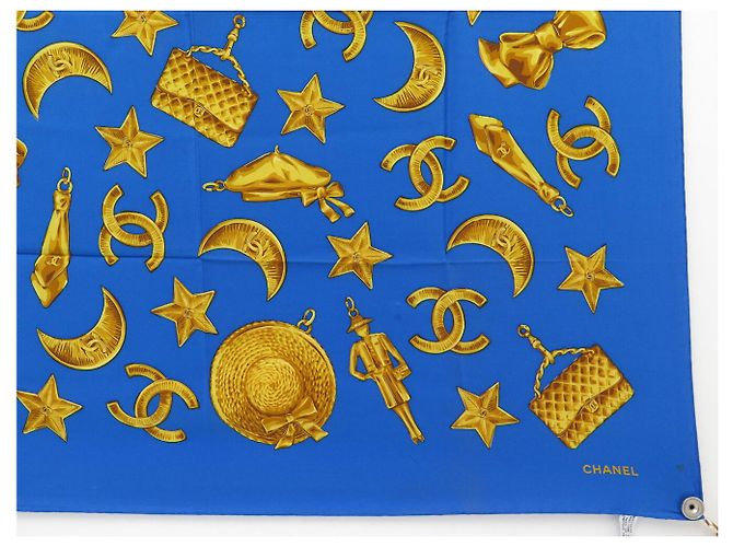 FULAR CHANEL MOTIVO LOGO CC STELLA LUNA QUADRATO 90 SETA BLU SILK SCARF - vista 4