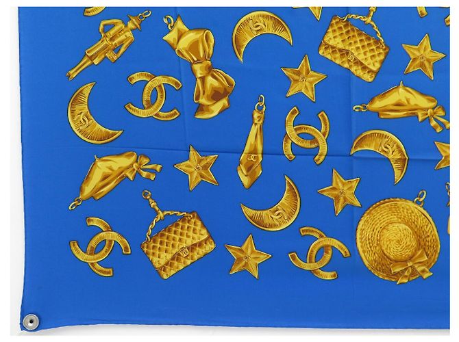 FULAR CHANEL MOTIVO LOGO CC STELLA LUNA QUADRATO 90 SETA BLU SILK SCARF - vista 5