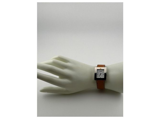 Relógio Hermès H Hour em aço com pulseira de couro castanho Marrom Hardware prateado - vista 2