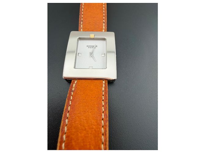 Relógio Hermès H Hour em aço com pulseira de couro castanho Marrom Hardware prateado - vista 7