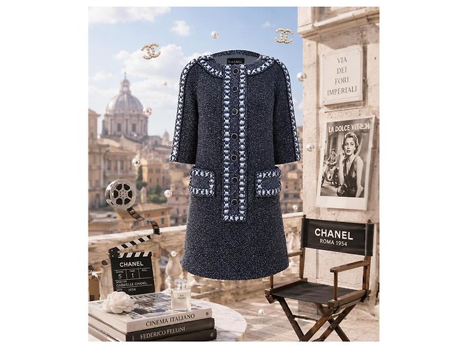 Chanel Abito in Tweed di Seta Blu Navy Grigio - vista 2