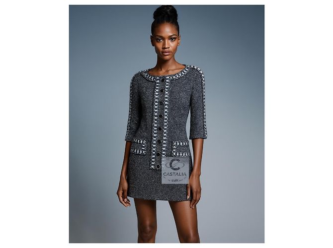 Chanel Abito in Tweed di Seta Blu Navy Grigio - vista 3