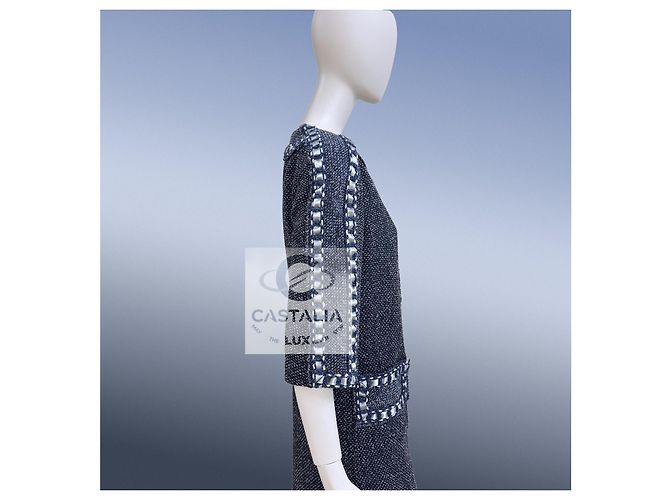 Chanel Abito in Tweed di Seta Blu Navy Grigio - vista 4