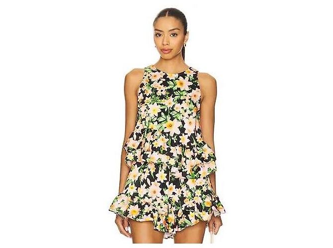 Autre Marque Kika Vargas Set Top a Volant e Shorts Stampa Floreale Nero Rosa Verde Arancione - vista 10