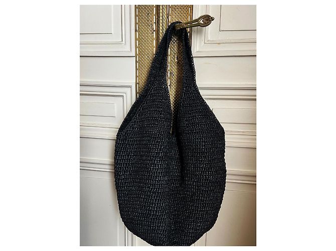 Anine Bing Borsa Hobo Leah Large in Rafia Nera Nero - vista 2