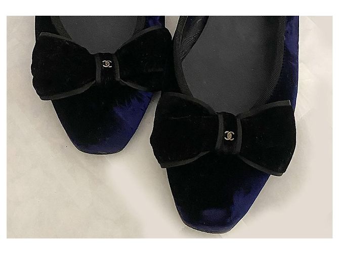 Bailarinas Chanel de terciopelo con lazo Negro Azul - vista 2