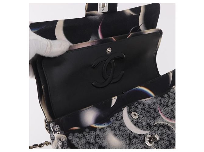 Borsa CHANEL Double Flap Chain Space Pattern in tela nera argento CC Auth 187039SAM Nero - vista 21