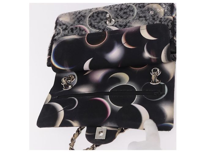 Borsa CHANEL Double Flap Chain Space Pattern in tela nera argento CC Auth 187039SAM Nero - vista 9