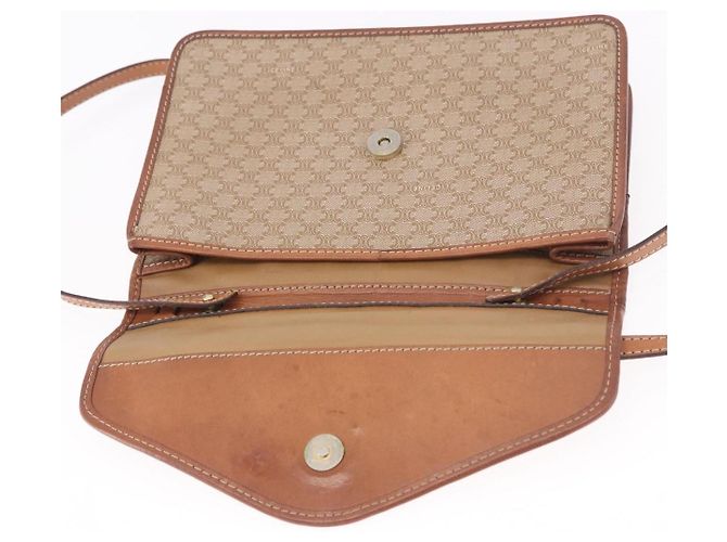 Céline Bolsa de Ombro CELINE Macadam Canvas PVC Couro Bege Ouro Auth 187364 Dourado - vista 10