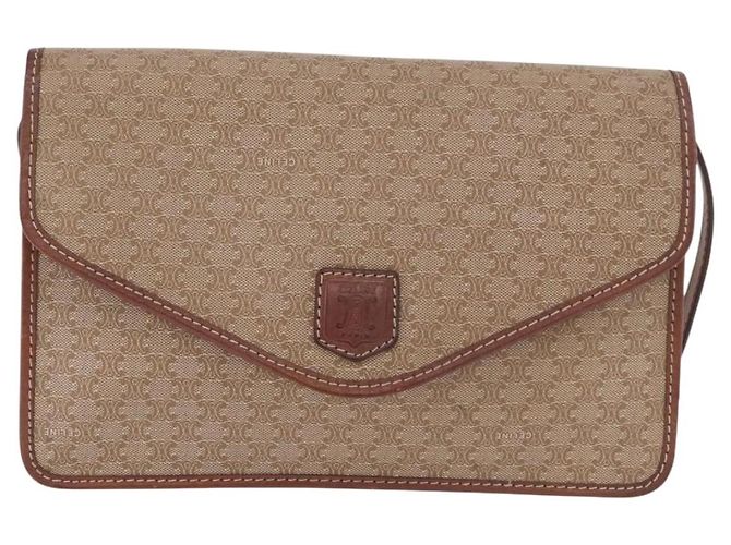 Céline Bolsa de Ombro CELINE Macadam Canvas PVC Couro Bege Ouro Auth 187364 Dourado - vista 13