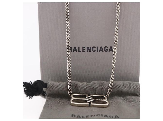 Collana BALENCIAGA BB Icon metallo Silver tone Auth 186316A - vista 12
