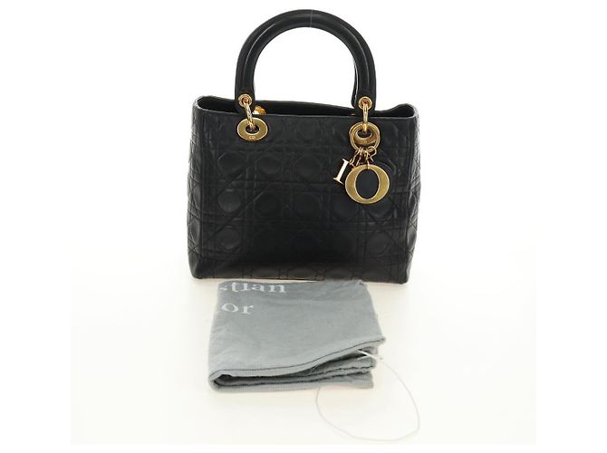 Borsa Christian Dior Canage Lady Dior in pelle di agnello nera e oro Auth 185302M Nero D'oro - vista 12
