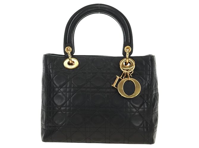 Borsa Christian Dior Canage Lady Dior in pelle di agnello nera e oro Auth 185302M Nero D'oro - vista 13