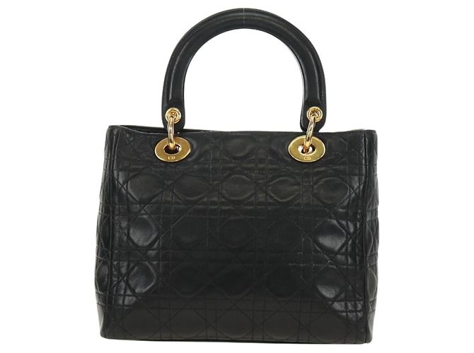 Borsa Christian Dior Canage Lady Dior in pelle di agnello nera e oro Auth 185302M Nero D'oro - vista 2