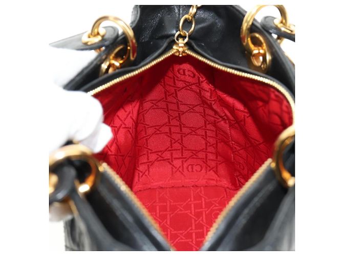 Borsa Christian Dior Canage Lady Dior in pelle di agnello nera e oro Auth 185302M Nero D'oro - vista 20