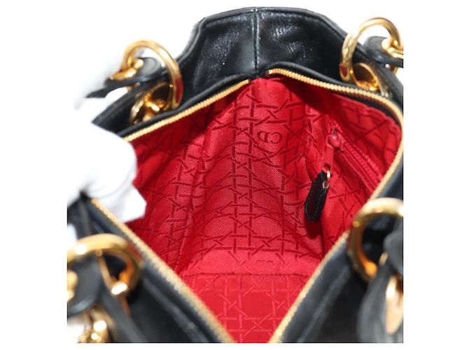 Borsa Christian Dior Canage Lady Dior in pelle di agnello nera e oro Auth 185302M Nero D'oro - vista 21