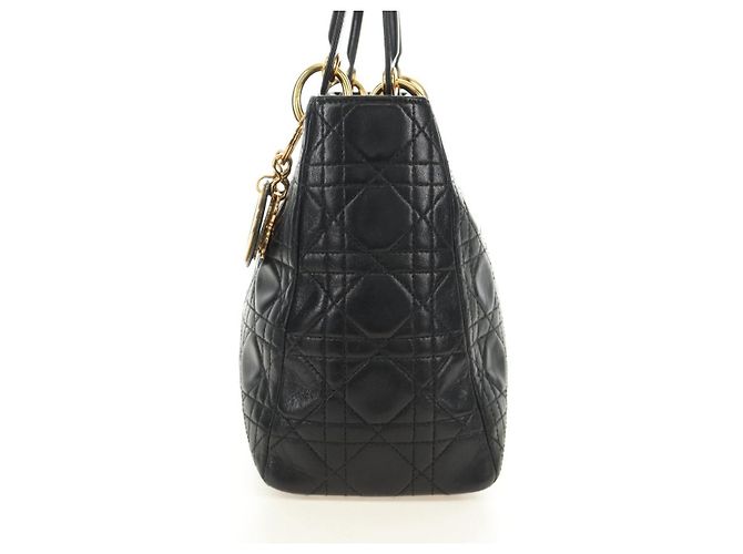 Borsa Christian Dior Canage Lady Dior in pelle di agnello nera e oro Auth 185302M Nero D'oro - vista 3