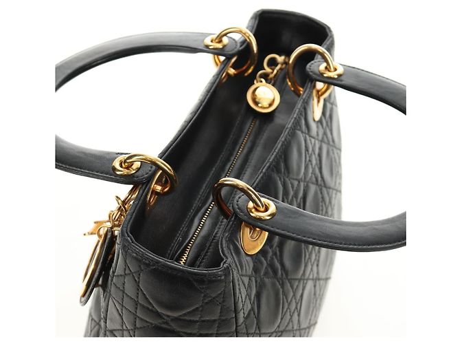 Borsa Christian Dior Canage Lady Dior in pelle di agnello nera e oro Auth 185302M Nero D'oro - vista 6