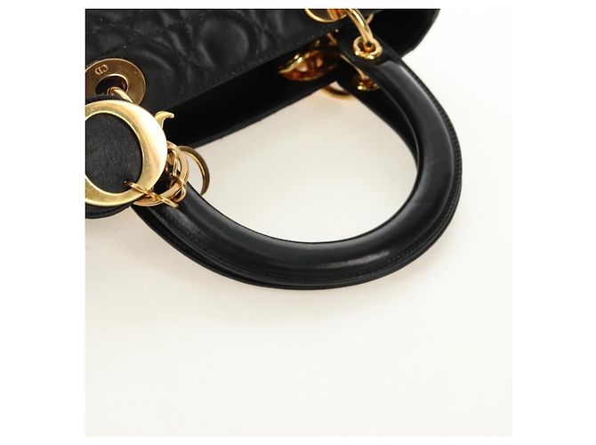 Borsa Christian Dior Canage Lady Dior in pelle di agnello nera e oro Auth 185302M Nero D'oro - vista 7