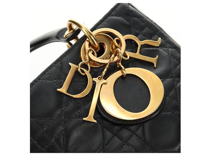 Borsa Christian Dior Canage Lady Dior in pelle di agnello nera e oro Auth 185302M Nero D'oro - vista 9
