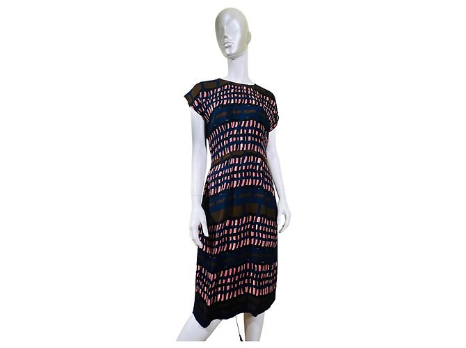Marni Vestido midi estampado abstracto de seda Castaño Negro Rosa Azul - vista 2