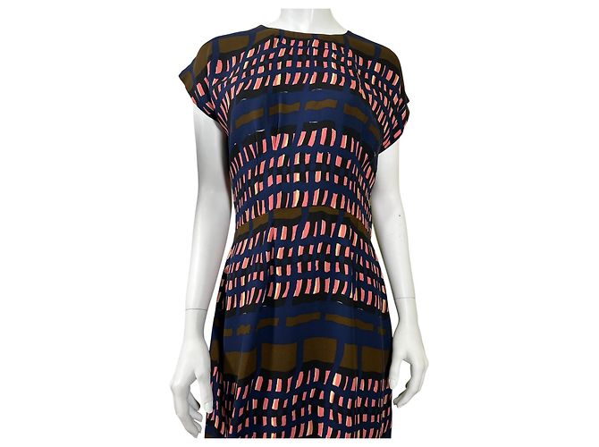 Marni Vestido midi estampado abstracto de seda Castaño Negro Rosa Azul - vista 3