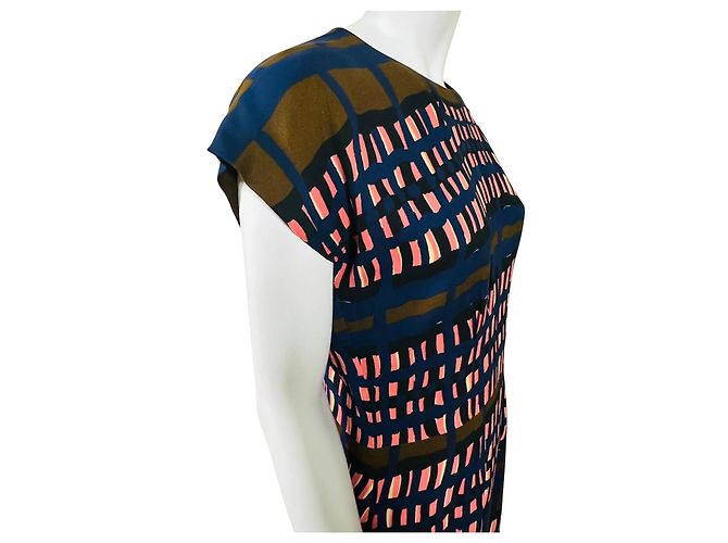 Marni Vestido midi estampado abstracto de seda Castaño Negro Rosa Azul - vista 5