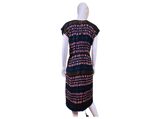 Marni Vestido midi estampado abstracto de seda Castaño Negro Rosa Azul - vista 6