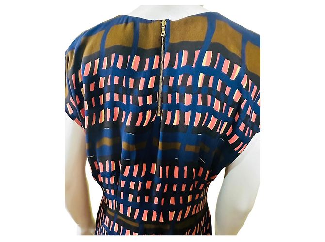 Marni Vestido midi estampado abstracto de seda Castaño Negro Rosa Azul - vista 7