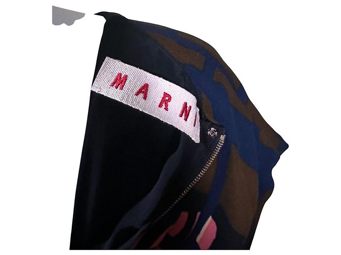 Marni Vestido midi estampado abstracto de seda Castaño Negro Rosa Azul - vista 9