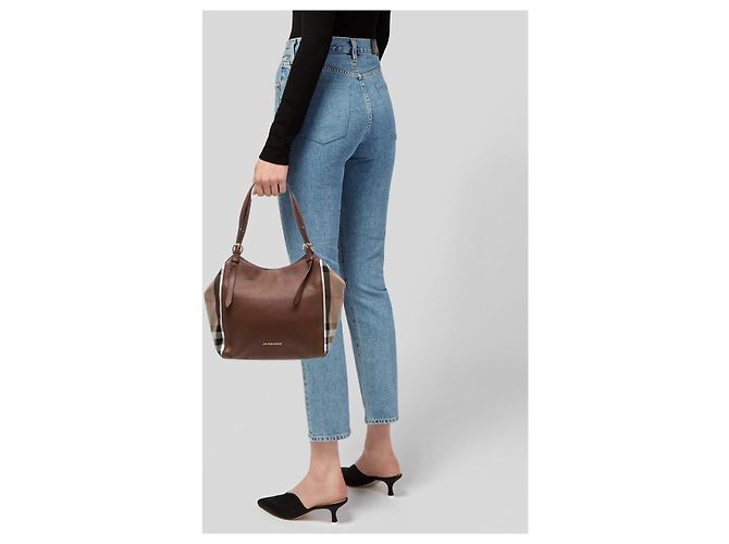 Burberry Borsa Tote Small Canterbury in Tela House Check e Pelle Marrone Beige - vista 13