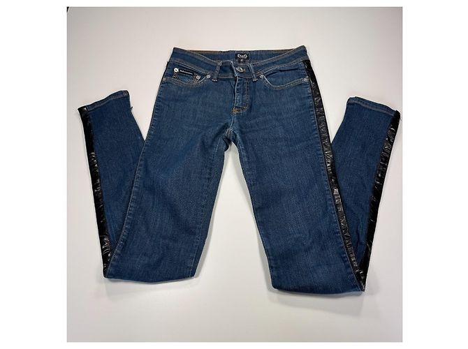 Calças jeans de ganga azul para mulher D&G com risca lateral em pele preta Preto - vista 3
