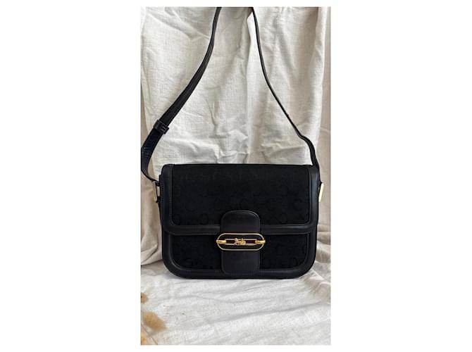 Céline Celine Triomphe Borsa a Tracolla Tela Nera e Pelle Nero - vista 2