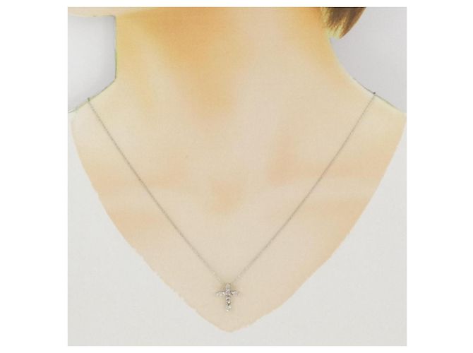 Autre Marque Collana a Croce con Diamanti in Platino Argento - vista 6