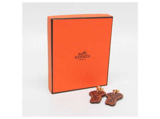 Hermès Orecchini pendenti in pelle e metallo Hermes H Curiosité Cre Marrone - vista 2