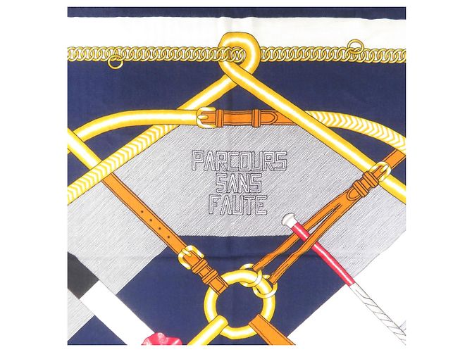 Silk In Hermès Sciarpa in seta e cashmere Hermes Carre 140 Parcours Sans Faute Bianco Blu D'oro - vista 3