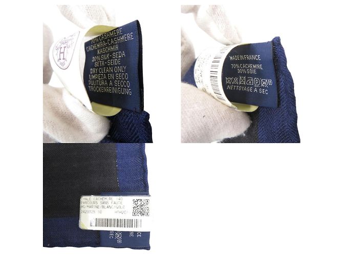 Silk In Hermès Sciarpa in seta e cashmere Hermes Carre 140 Parcours Sans Faute Bianco Blu D'oro - vista 6