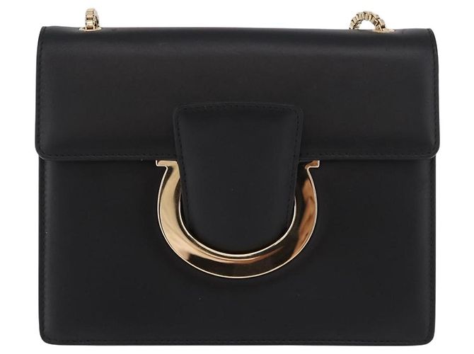 Borsa a Spalla Salvatore Ferragamo Gancini in Pelle Nera e Oro Autentica 185725A - vista 13